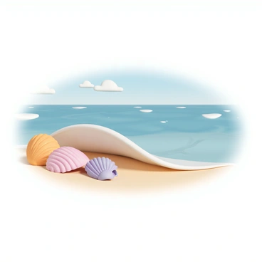 A soft wave rolling onto a sandy beach, gently washing over a collection of colorful seashells. The seashells come in various shapes and sizes, displaying vibrant hues of orange, pink, and purple. The water is clear and reflective, capturing the sunlight as it sparkles over the surface. The background features a clear blue sky with a few scattered clouds, and a subtle hint of distant waves further out in the ocean.