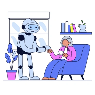 A friendly robot with a sleek metallic design is assisting an elderly person in a modern home. The robot has large, expressive digital eyes and a gentle smile on its face. The elderly person, with gray hair and wearing comfortable clothing, is sitting in a cozy armchair. The robot is handing a cup of tea to the person. The background features a minimalistic living room with a large window letting in natural light, a potted plant beside the armchair, and a small bookshelf filled with books.