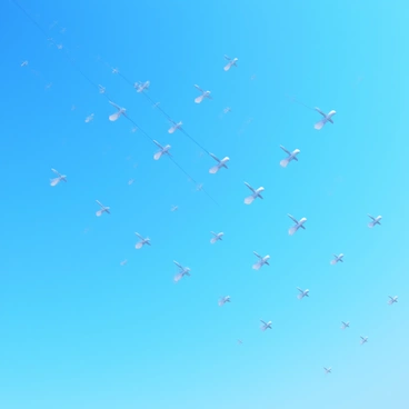 A sky filled with numerous arrows flying in formation. The arrows are sleek and metallic, reflecting the sunlight as they travel in precise lines, resembling a flock of birds in coordinated flight. The background is a clear blue sky, enhancing the dynamic movement of the arrows.