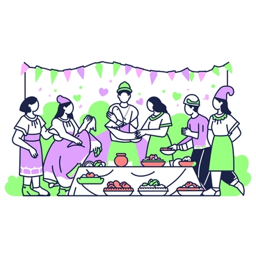 A vibrant festival scene with people sharing cultural foods and dances