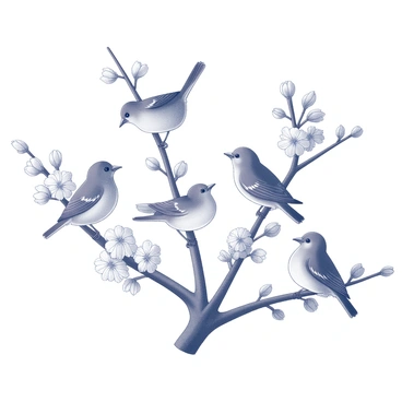 Several birds are perched on blooming branches, their feathers detailed and prominent. The branches are thick and adorned with numerous blossoms, which are abundant and vary in size. The birds exhibit various poses, with some facing forward while others turn their heads slightly, creating a lively scene. The birds appear to be singing, with open beaks, as they interact with each other in this vibrant spring environment. The background features a clear sky, enhancing the sense of a bright, cheerful day.