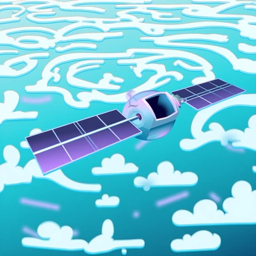 A sleek, futuristic satellite is positioned in space, equipped with numerous high-tech cameras and sensors. Below it, vast swirling weather patterns manifest over a deep blue ocean, with white clouds forming intricate shapes as they move. The satellite's solar panels catch the light from the distant sun, while its body gleams with metallic surfaces. The ocean below displays vibrant hues of blue and green, reflecting the dynamic energy of the weather systems. There are faint traces of storm activity, with darker clouds mixed within the lighter ones, illustrating the complexity of the atmosphere.