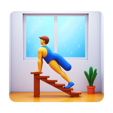 A person performing step-ups on a wooden platform indoors. The room is softly lit, creating a cozy atmosphere. The individual is dressed in athletic wear, showcasing determination. In the background, a large window displays raindrops trickling down the glass, providing a clear view of the rainy weather outside. The floor is wooden, and a small indoor plant is visible in one corner, adding a touch of greenery to the scene.
