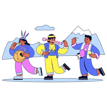 A group of musicians playing traditional Native American instruments. One musician is playing a flute, while another is drumming on a hand-held drum. A third musician is shaking a rattle. They are dressed in colorful traditional attire with feathers and beads. The scene captures their focused expressions as they perform, surrounded by a natural landscape that suggests movement and travel. The atmosphere conveys a sense of connection and purpose in their music.