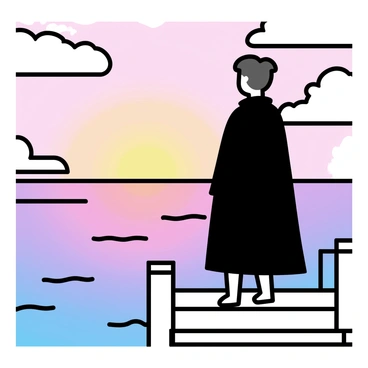 Othello, wearing a dark cloak, stands at the edge of a wooden pier. He gazes out over the water, which reflects vibrant shades of orange, pink, and purple from the sunset. The sky is filled with wispy clouds, enhancing the colors of the sunset. The silhouette of Othello is visible against the glowing horizon, with calm waves gently lapping at the sides of the pier.
