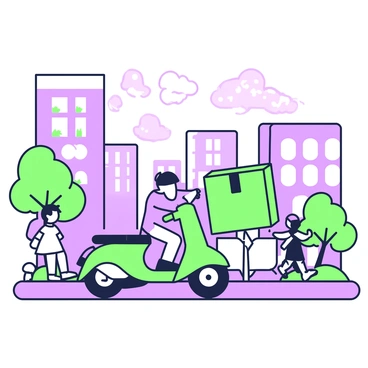 A delivery moped is riding through a bustling city street. The moped is bright and features a large delivery box securely attached to the back. Surrounding the moped, tall buildings with various architectural designs create a lively urban atmosphere. On either side of the street, pedestrians are walking, while a few trees add green accents to the scene. Above, a sky filled with dramatic clouds creates a dynamic backdrop, emphasizing the motion of the moped as it navigates the city.