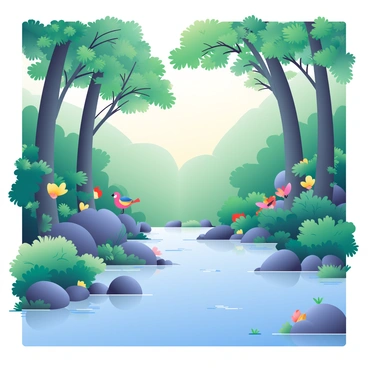 A tranquil river is winding through the heart of a tropical rainforest. The water is clear and reflects the vibrant colors of the surrounding foliage. Tall trees with thick trunks and broad leaves arch over the river, creating a natural canopy. Various shades of green dominate the scene, with occasional splashes of colorful flowers peeking through the dense undergrowth. Small rocks line the riverbank, and the soft sound of flowing water can be imagined as gentle ripples disturb the surface. Birds with bright plumage can be seen perched on branches, adding life to the serene environment.