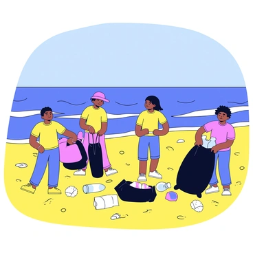 A sandy beach with golden grains of sand. In the foreground, there are several volunteers wearing bright colored T-shirts. They are actively collecting pieces of plastic waste, such as bottles and bags, and placing them into large black trash bags. In the background, gentle waves are lapping at the shore, while a clear blue sky stretches overhead. There are a few scattered seashells on the ground and a distant view of a calm ocean horizon.