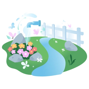 A suburban yard with water flowing from a downspout into a flower bed