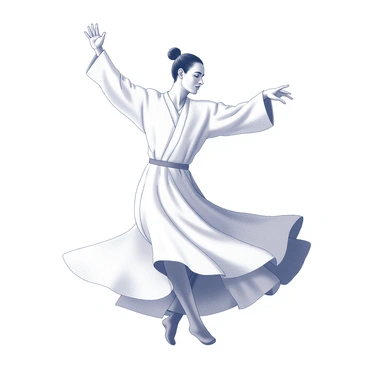 A Sufi dancer is spinning gracefully, showcasing an elegant posture. The dancer wears a flowy white robe that billows around them, creating a sense of movement. Their arms are outstretched, embodying the rhythm of the dance. The dancer's face reflects a serene expression, eyes closed in concentration. The background features a simple, unobtrusive space that emphasizes the dancer's motion. The overall composition captures the fluidity and grace of the performance.