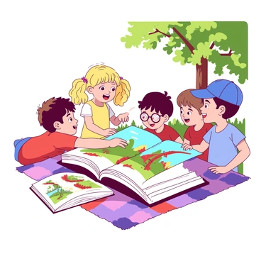 A group of five children, two girls and three boys, is gathered around a large, open pop-up book resting on a colorful picnic blanket. One girl with blonde pigtails points excitedly at a pop-up scene featuring a dragon. Another child, a boy with curly brown hair, leans in closer, his eyes wide with wonder. A boy with glasses holds his chin in thought, while a girl with a red shirt is laughing at the illustrations of animals. The last boy, wearing a blue cap, is flipping through another page, revealing a vibrant landscape with trees and mountains. Sunlight filters through the branches of nearby trees, creating dappled shadows on the blanket, enhancing the cheerful atmosphere of the storytime session.