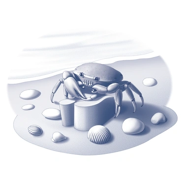 A small crab is using its claws to manipulate wet sand, carefully shaping it into a sandcastle. The crab's body is textured with fine details, showcasing its legs and the intricate patterns on its shell. Surrounding the sandcastle are various seashells, each uniquely shaped, some placed strategically to accentuate the structure. In the background, the beach features smooth sand and gentle waves lapping at the shore. The sun's rays can be seen shining down, creating defined shadows and highlights on the scene.