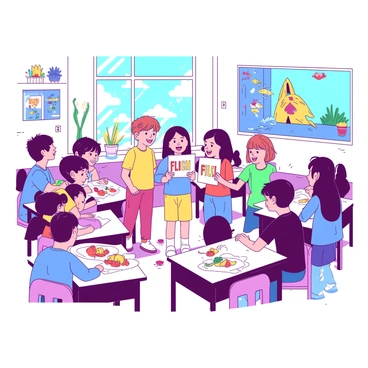 A bright classroom filled with colorful decorations on the walls and artwork displayed at the back. In the center of the room, a group of children, each with excited expressions, stands in front of their classmates. Some children are holding "fish drawings" made with vibrant colors, while others present "models of fish" crafted from various materials like paper and clay. The classmates sit at their desks, attentively watching the presentations with smiles on their faces. A large window lets in sunlight, illuminating the scene.