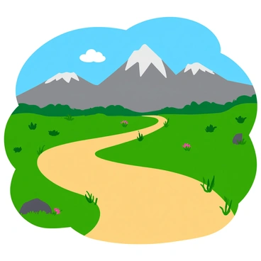 A range of rugged mountains with sharp peaks and rocky surfaces rises majestically in the background. A clear blue sky stretches above, dotted with a few fluffy white clouds. In the foreground, a winding dirt road meanders through the landscape, its dusty surface contrasting with the vibrant green grass and scattered wildflowers along the edges. Occasional shrubs and small trees are visible, adding texture to the scene. The sunlight casts dynamic shadows, highlighting the contours of the mountains and the undulating path of the road.
