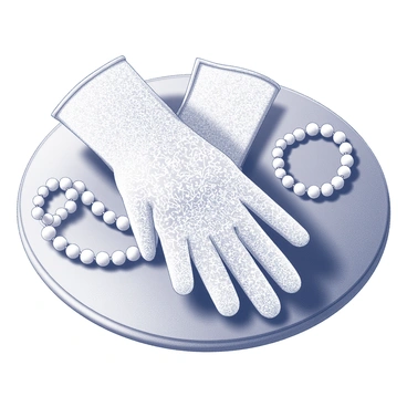 A pair of delicate lace gloves lies gracefully on a wooden dressing table. The gloves are intricately designed, showcasing an elaborate lace pattern with fine details. Next to the gloves, there is a pearl necklace, its round pearls perfectly polished and strung together with precision. The necklace is coiled slightly, creating gentle curves and inviting the viewer’s gaze. The surface of the dressing table is smooth, adding a touch of elegance to the arrangement. Soft light casts subtle shadows, enhancing the textures of the lace and pearls.