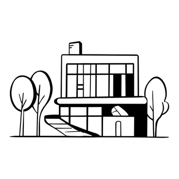 A black-and-white illustration of a modern building with clean, precise lines and geometric shapes. The structure features large glass windows and a flat roof, emphasizing its contemporary design. Surrounding the building are simple outlines of trees and pathways, creating a minimalistic urban environment. The image includes a detailed sketch of the building's façade, showcasing the textures and patterns of the materials used.