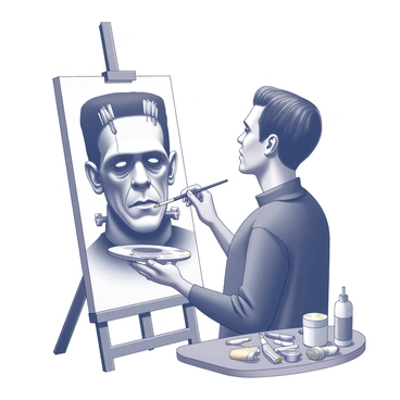 An artist is standing in front of a large canvas, intently focused on painting a portrait. The artist is holding a paintbrush in one hand and has a palette in the other. In front of the canvas, an unfinished portrait of "Frankenstein’s monster" is partially visible. The monster has prominent facial features, including a square jaw, dark hair, and distinct scars. The setting has art supplies scattered on a nearby table, and there are various brushes and tubes of paint arranged neatly. The artist appears deep in concentration, with the brush poised for the next stroke, capturing the intricate details of the monster's expression.