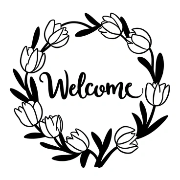 A circular wreath made of tulips arranged closely together. The tulips are depicted in various shapes and sizes, showcasing a mix of flower heads that suggest different types. The stems are visible, intertwining around the wreath, creating a natural appearance. "Welcome" is written in elegant script at the center of the wreath, surrounded by the tulips.