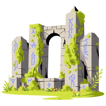 Mysterious ancient ruins made of weathered stone blocks, partially obscured by thick green vines and patches of fuzzy moss. The ruins exhibit a crumbling archway in the center, surrounded by tall, jagged pillars. Glowing blue runes are intricately etched into the stones, casting a soft luminescent light that highlights the texture of the moss. Shadows play across the ground, where small ferns and delicate wildflowers peek through the cracks in the stone.
