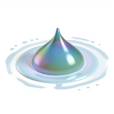 A close-up view of a drop of oil floating on water. The drop is round and glistens with multiple iridescent colors, including shades of blue, green, and purple. The surface of the water reflects the vibrant hues of the oil, creating a stunning contrast. Small ripples surround the drop, adding texture to the water's surface, while light glints off the drop's edges, enhancing its translucent quality.