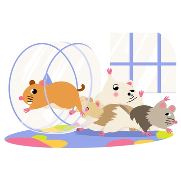 Several hamsters with fluffy fur in various colors, such as brown, grey, and white, are taking turns running in a giant transparent hamster wheel. The wheel is made of clear plastic and is positioned on a colorful play mat featuring shapes and patterns. Each hamster has a determined expression as they run, with one hamster in the foreground actively sprinting while another waits at the side, showing excitement. Sunlight filters through a nearby window, casting playful shadows on the scene.