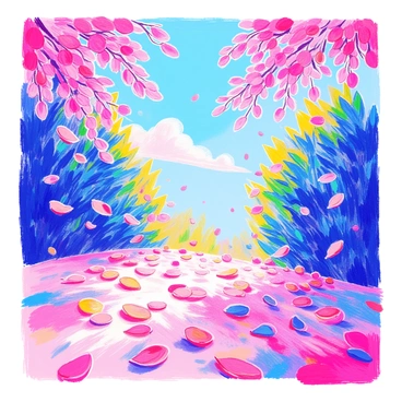 Pink flower petals are cascading down from a clear blue sky. The petals are vibrant and delicate, creating a soft contrast against the bright backdrop. The ground is slightly covered in a layer of these petals, resembling a beautiful pink carpet. In the distance, there are lush green trees that frame the scene, their leaves gently swaying in the breeze. Light filters through the petals, creating a whimsical atmosphere.