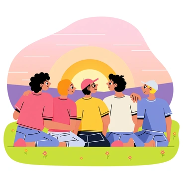 A group of five friends sitting on a grassy hillside. They are arranged in a semi-circle, facing the horizon where the sun is setting. The sky is filled with vibrant shades of orange, pink, and purple as the sun slowly descends. Each friend has a unique appearance; one has curly hair, another wears glasses, and a third has a baseball cap. They are wearing casual clothing, such as t-shirts and jeans. The friends are leaning back on their arms, with smiles on their faces, creating a sense of camaraderie as they enjoy the beautiful view together. A few scattered wildflowers are present in the grass around them.