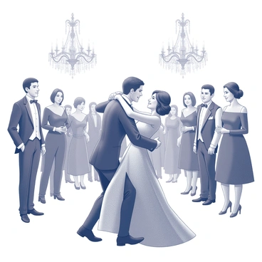 A duke and duchess engage in an elegant dance at a grand ball. The duke is dressed in a formal suit with intricate detailing, while the duchess is wearing an elaborate gown that flows gracefully with her movements. They are surrounded by other elegantly dressed guests, all captivated by the couple's performance. Overhead, large chandeliers hang, adding a touch of grandeur to the scene. The floor is polished and reflective, enhancing the ambiance of the ballroom. The guests are in various poses, some watching intently while others are engaged in conversation.