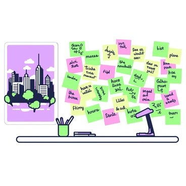 A wall is covered in an array of Post-it notes, each filled with different feedback written in various handwriting styles. The notes are arranged in a seemingly random yet organized manner, creating a vibrant patchwork of colors. Next to the wall, there is a large illustration depicting a bustling cityscape with skyscrapers and trees. In the foreground, a table holds markers and other stationery items, suggesting a workspace. Bright lighting highlights the details of both the wall and the illustration.