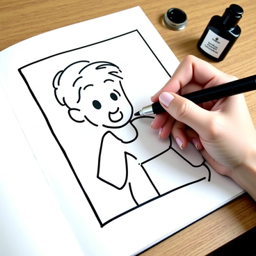 A hand, with neatly trimmed nails, is gripping a fine-tip pen, poised above a white comic strip panel. The panel features a sketched outline of a character, displaying expressive features and dynamic movement. The hand is drawing intricate lines and details, adding depth to the character's expression. Nearby, an open sketchbook lies on a wooden table, showcasing additional unfinished comic strips. A small ink bottle sits beside the pen, with a few drops of ink visible on the surface.