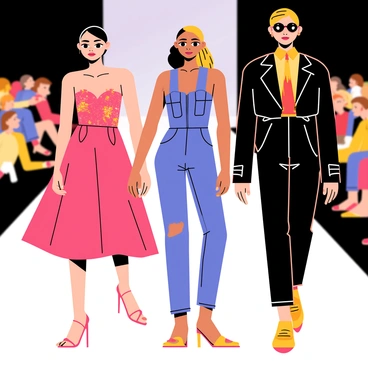 A catwalk scene featuring multiple models walking confidently. Each model showcases distinct bold fashion designs, with vibrant colors and unique patterns. The first model has a flowing red gown adorned with gold sequins, while the second model wears a striking blue jumpsuit with geometric shapes. The third model features an edgy black leather outfit with metallic accents. The background includes a cheering audience, with bright stage lights illuminating the runway. Each model has a confident expression, highlighting their stylish outfits.