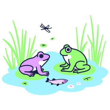 A curious frog is sitting on a lily pad in a sunlit pond. The frog is facing a brook trout that is swimming just below the surface of the water. Surrounding the lily pad, there are several other pads with green leaves and small white flowers. The pond's surface is slightly rippled, reflecting light from above. In the background, there are tall grasses and cattails framing the pond, while a few dragonflies hover in the air nearby.