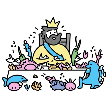 Poseidon, depicted as a robust figure with a flowing beard, wearing a crown made of seashells and coral, sits on a large, ornate throne made of driftwood. Surrounding him are various sea creatures, including colorful fish, a graceful dolphin, and a wise old turtle. The table in front of Poseidon is laden with a variety of seafood delicacies, such as shrimp, crabs, and large fish, all arranged artistically. Various sea plants and vibrant coral decorate the scene, adding to the underwater atmosphere. The expressions of the sea creatures show excitement and reverence as they gather for this grand feast.