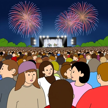 A large crowd of people stands closely together at an outdoor concert. The audience consists of individuals of various ages and ethnicities, all showing expressions of surprise and discomfort. Some are covering their ears while others have their eyes widened in shock. In the background, colorful fireworks burst into the night sky, illuminating the scene with vibrant colors of red, blue, and gold. The concert stage is visible, with a band playing and bright stage lights shining down. A few people are also looking towards the fireworks with astonished expressions. The atmosphere is lively yet tense, with a mix of excitement and apprehension among the crowd.