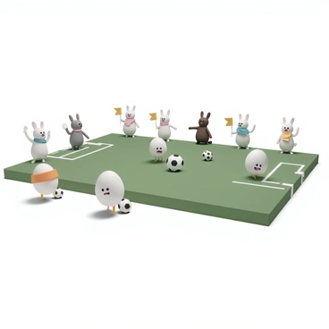 A soccer field, with a bright green grass surface, set up for a game. On the field, several round white eggs, painted in vibrant colors, are positioned as players, each adorned with small eyes and drawn expressions of excitement. Some eggs are dribbling a small black and white soccer ball, while others are mid-kick, showing dynamic poses. Surrounding the field, a group of fluffy bunnies, with soft white, brown, and gray fur, are cheering enthusiastically. They are standing on their hind legs, some holding miniature flags, and others wearing colorful scarves. The scene captures the lively atmosphere of the game, with the bunnies' joyful expressions contrasting with the focused play of the egg players.
