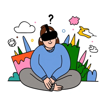 A person with light skin and medium-length brown hair is sitting in a thoughtful pose while wearing black VR goggles. They are dressed in a blue hoodie and gray sweatpants. Their hands are resting on their knees, and their expression suggests deep concentration as they explore a vibrant virtual world. Surrounding them are colorful projections of digital landscapes, featuring floating geometric shapes and fantastical elements that represent the immersive experience they are engaged in.