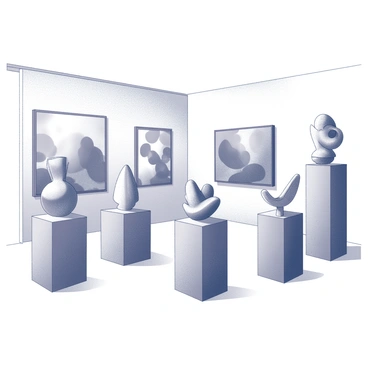 An art gallery interior featuring various sculptures and paintings. The sculptures are crafted from organic materials like wood, clay, and stone, displayed on elegant pedestals. The paintings, made from natural pigments, hang on the walls, depicting abstract forms inspired by nature. The lighting in the gallery highlights the textures of the artworks, casting soft shadows across the floor. Each piece is carefully arranged to create an inviting atmosphere for visitors to appreciate the connection between art and the natural world.