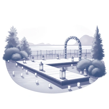 A picturesque lakeside wedding venue is set up for a ceremony. In the foreground, a wooden dock stretches out over the calm water, providing an ideal spot for the event. Surrounding the dock, several lanterns are gently floating on the surface of the lake, casting a soft glow. Lush greenery and trees border the area, creating a natural frame around the scene. In the background, the gentle ripples of the water reflect the serene ambiance of the setting. Decorated chairs are placed along the dock, awaiting guests. A floral arch is positioned at the end of the dock, serving as a focal point for the ceremony.