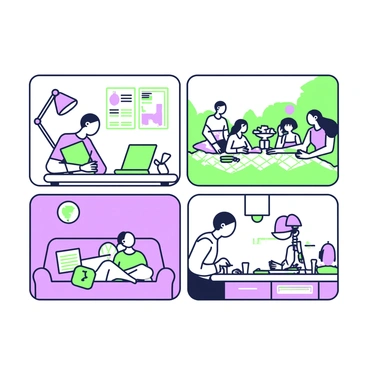 A collage consisting of multiple panels, each depicting a different setting where a product is being used. In the first panel, a person is using the product while sitting at a desk, surrounded by green notebooks and a purple lamp. In the second panel, a group of friends is enjoying the product outdoors at a picnic, with a patterned blanket spread on the grass and green trees in the background. The third panel shows an individual using the product in a cozy living room, seated on a purple couch with decorative cushions. The final panel captures the product being utilized in a kitchen, where a person is preparing a meal, with green utensils and purple appliances visible. Each panel is framed distinctly, creating a dynamic and engaging composition.