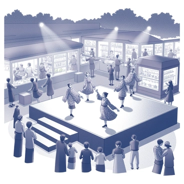 A stage is set up in the midst of a bustling night market. Colorful stalls with various goods surround the area, creating a lively atmosphere. A group of dancers is performing, dressed in traditional costumes adorned with intricate patterns. The dancers are in dynamic poses, showcasing their movements to an engaged audience. Bright lights illuminate the stage, casting dramatic shadows and enhancing the detailed costumes. Spectators are gathered around, some capturing the moment with their devices, while others enjoy local street food from nearby stalls.