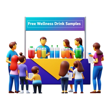 A health expo featuring a booth prominently displaying a colorful banner that reads "Free Wellness Drink Samples." The booth is set up with an attractive table covered in a vibrant cloth. Various wellness drinks in clear dispensers showcase an array of colors and ingredients, such as green smoothies, fruit-infused waters, and herbal teas. Several cheerful staff members are behind the booth, engaging with visitors and handing out small cups of the drinks. Attendees are gathered around the booth, some tasting the samples and others reading information pamphlets about healthy living. Bright, natural lighting illuminates the scene, enhancing the fresh and lively atmosphere of the expo.