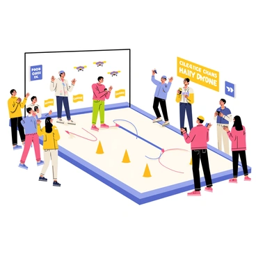 A small indoor store setting with bright fluorescent lights illuminating the space. In the center, a racing course is laid out with colorful cones marking the route for the drones. Several small drones with vibrant designs are flying through the air, maneuvering swiftly around the obstacles. A group of diverse spectators, including adults and children, are gathered around the course, cheering excitedly. The spectators are holding small flags and wearing casual clothes, creating a lively atmosphere. Some spectators are capturing the action on their smartphones. Bright signage in the store displays promotional messages related to the event.