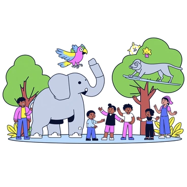 A zoo featuring various mechanical animals, including a shiny silver elephant, a colorful robotic parrot, and a sleek metallic lion. The mechanical elephant raises its trunk playfully towards a group of excited children. The parrot perches on a branch, with its wings slightly spread, while the lion prowls around its enclosure. Visitors, including families and children, are interacting with the animals, pointing and smiling. The setting is surrounded by lush green trees and colorful flowers, enhancing the lively atmosphere.