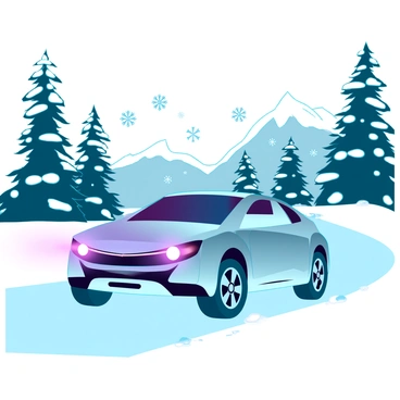 A sleek Tata car with a shiny silver exterior is driving along a winding road in a snowy landscape. The car's headlights illuminate the path ahead, casting a warm glow against the white snow. Fluffy snowflakes are delicately falling from a grey sky, creating a tranquil atmosphere. In the background, tall evergreen trees are covered in a thick blanket of snow, and distant mountains are visible, their peaks capped with ice. The ground is blanketed in fresh, untouched snow, adding to the serene winter scene.