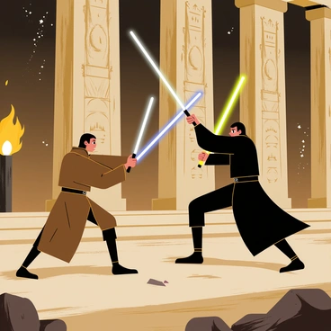 Two Jedi engaged in an epic lightsaber duel in an ancient temple. One Jedi, wearing a brown robe and wielding a blue lightsaber, is in a defensive stance. The other Jedi, dressed in dark clothing and holding a green lightsaber, is aggressively lunging forward. The temple features large stone pillars covered in intricate carvings, and glowing torches cast flickering shadows across the scene. Dust particles float in the air, illuminated by the lightsabers' glow. The ground is uneven, scattered with ancient artifacts and debris.
