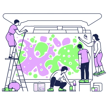 A group of artists is actively painting a large mural on the walls of a metro tunnel. Each artist is focused on their section of the mural, using various brushes and rollers. One artist is standing on a ladder, reaching up to add details at the top of the mural, while another artist crouches down, carefully painting near the ground. The mural features a variety of colorful shapes and figures, with intricate patterns blending together. Tools such as paint cans and palettes are scattered around them, and a few small sketchbooks are open, displaying rough designs. The tunnel itself has concrete walls and a high ceiling, with ambient lighting illuminating the artwork.