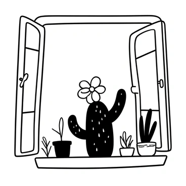 A small cactus with distinct spikes is positioned on a window sill. The cactus has a large, bright flower blooming at the top. Sunlight streams through the window, casting shadows of the cactus on the sill. There are a few drops of water on the cactus surface, and the window frame is wooden with intricate details. A few potted herbs are placed beside the cactus on the window sill.