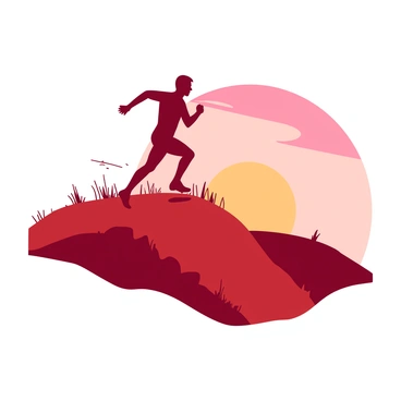 A red solitary runner is positioned on a hilltop, with arms outstretched and legs in mid-stride, creating a dynamic silhouette. The background features a vibrant sunrise, with shades of orange and pink illuminating the sky. The runner's shadow stretches across the grassy hill, contrasting against the bright colors of the dawn. The landscape is open, with a gentle slope descending below the hilltop, enhancing the sense of elevation and solitude.