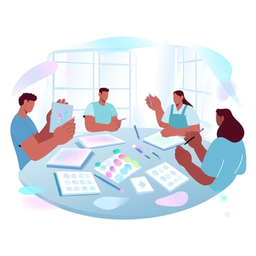 A group of artists is gathered in a bright, spacious studio. Each artist is engaged in their individual work, surrounded by various tools and materials for illustration. One artist is using colored pencils to sketch on a large piece of paper, while another is applying watercolors to a canvas. A third artist is busy with markers, creating vibrant patterns on a sketchbook. The table in the center is cluttered with paint tubes, brushes, and open sketchbooks. Sunlight filters through large windows, illuminating the creative atmosphere.