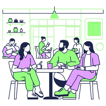 A cozy café scene features several patrons engaged in lively discussions. In the foreground, a group of three friends sits around a small round table, each with a drink in front of them. One patron, a woman with long hair, holds a cup and shares her thoughts animatedly. Next to her, a man with a beard takes notes on a notepad. A steaming mug and a colorful pastry are placed on the table. In the background, other patrons are seated at different tables, some reading, while others enjoy their drinks. Soft light spills through the large windows, illuminating the rustic wooden interior of the café. There are shelves filled with various coffee bean jars and a chalkboard menu hanging on the wall.